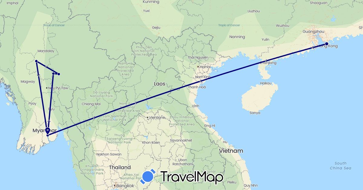 TravelMap itinerary: driving in Hong Kong, Myanmar (Burma) (Asia)